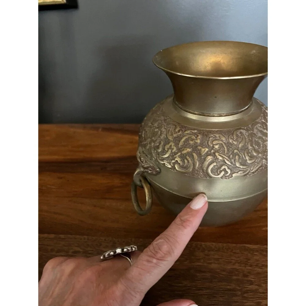 Vintage solid Brass Urn Vase Spittoon with rings on sides Beautiful design